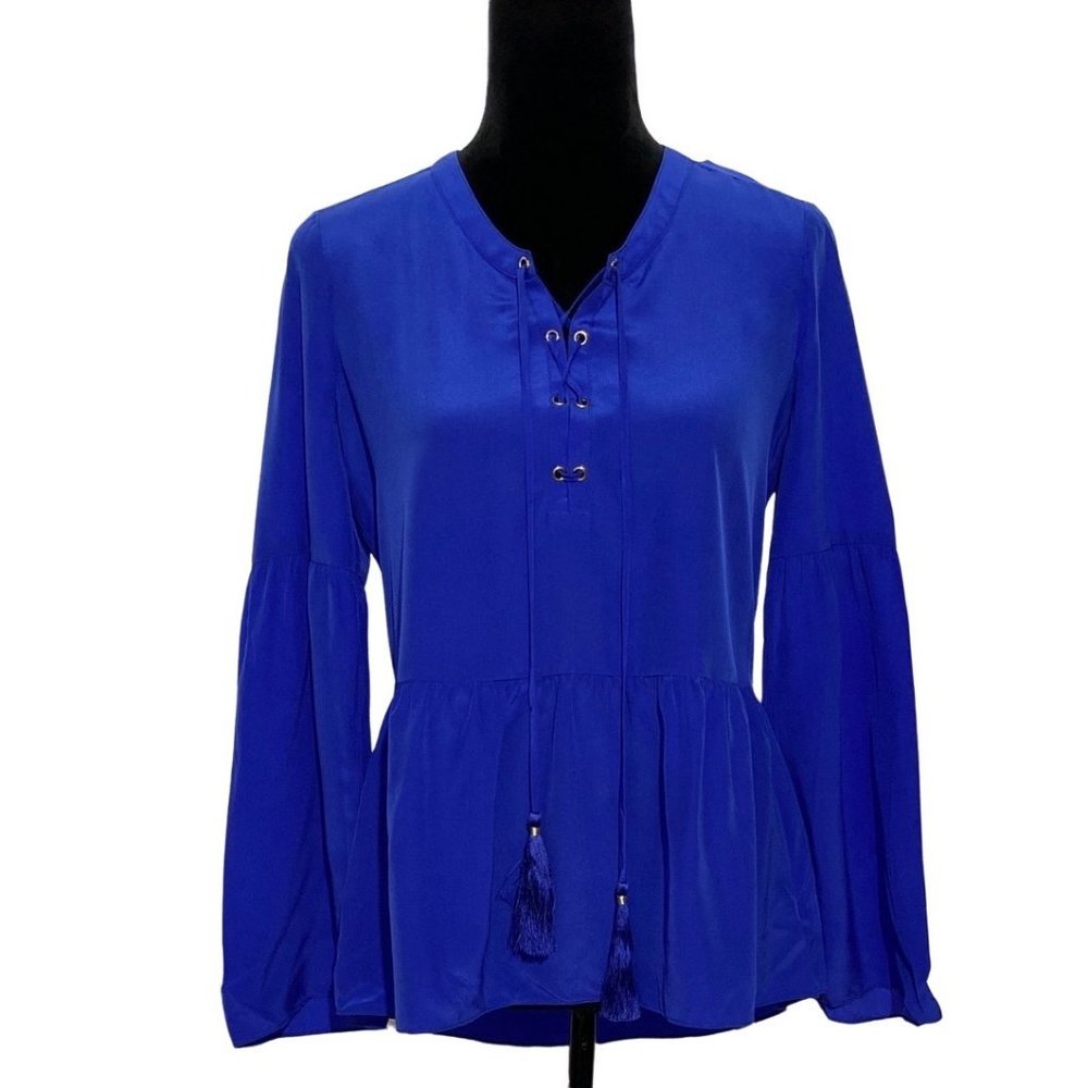 Lilly Pulitzer Blouse XS Royal Blue Top Lace Up Tassel 100% Silk Long Bell Sl